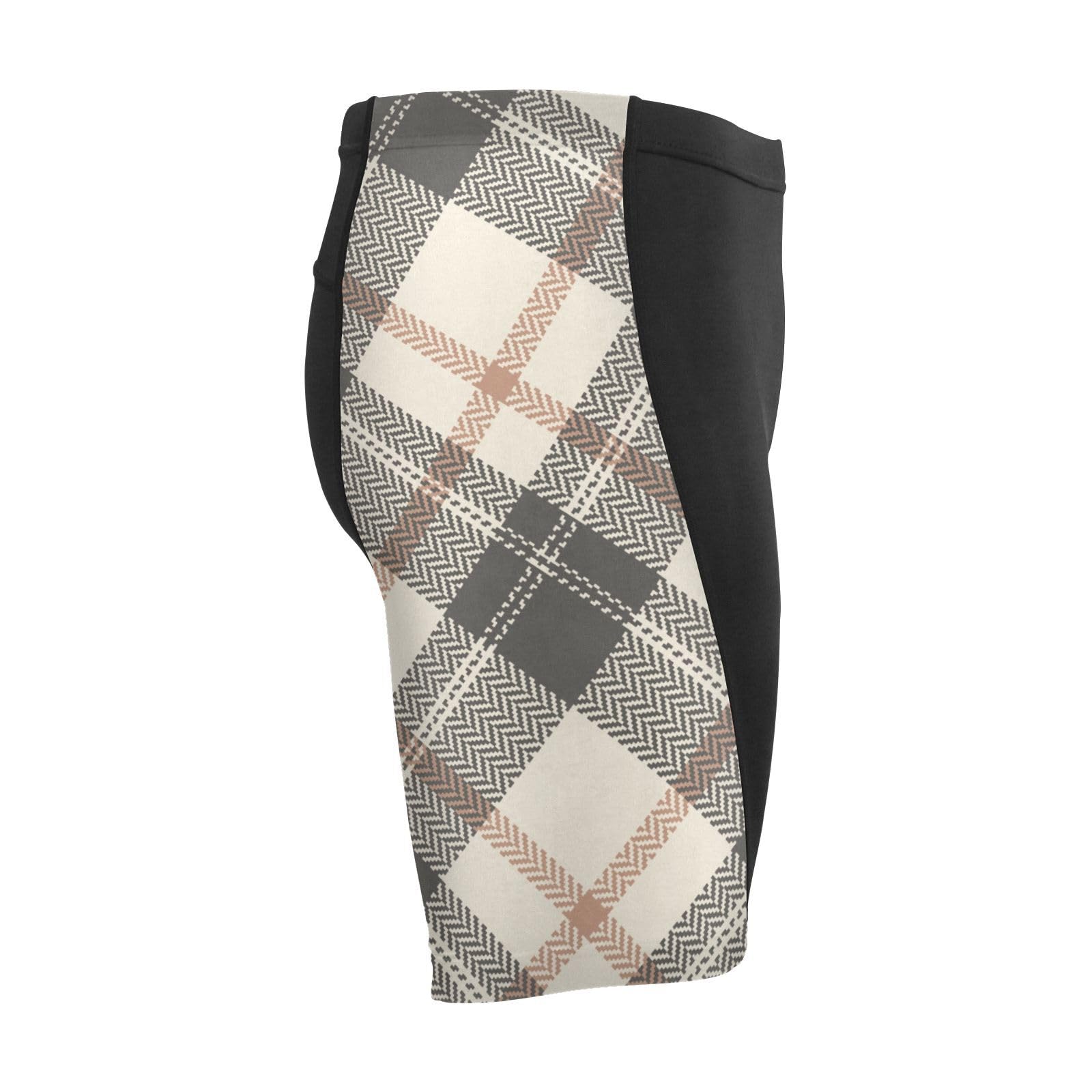 Compressed Shorts, Men's Polyester Running Shorts, Exercise and Sports Plaid Grey Orange Beige