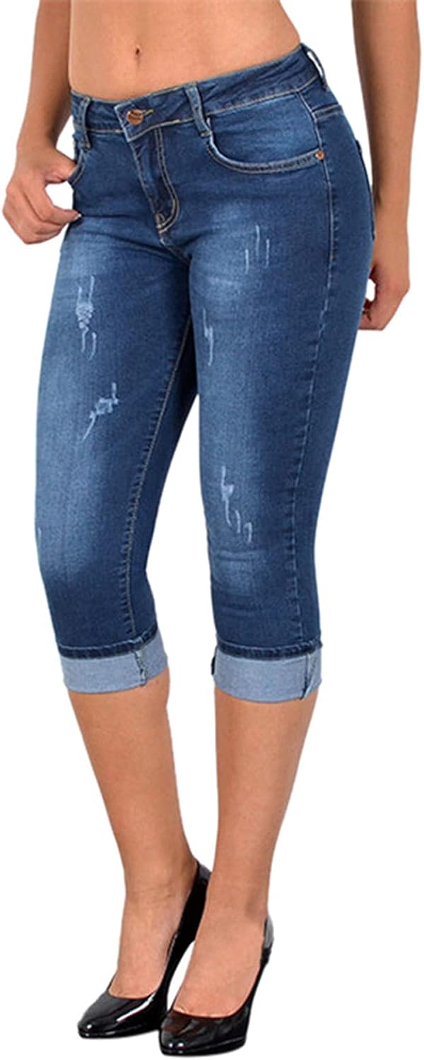Womens High Waist Knee Length Short Jeans Summer Casual Button Calf Length Pencil Pants Denim Shorts Bermuda Shorts