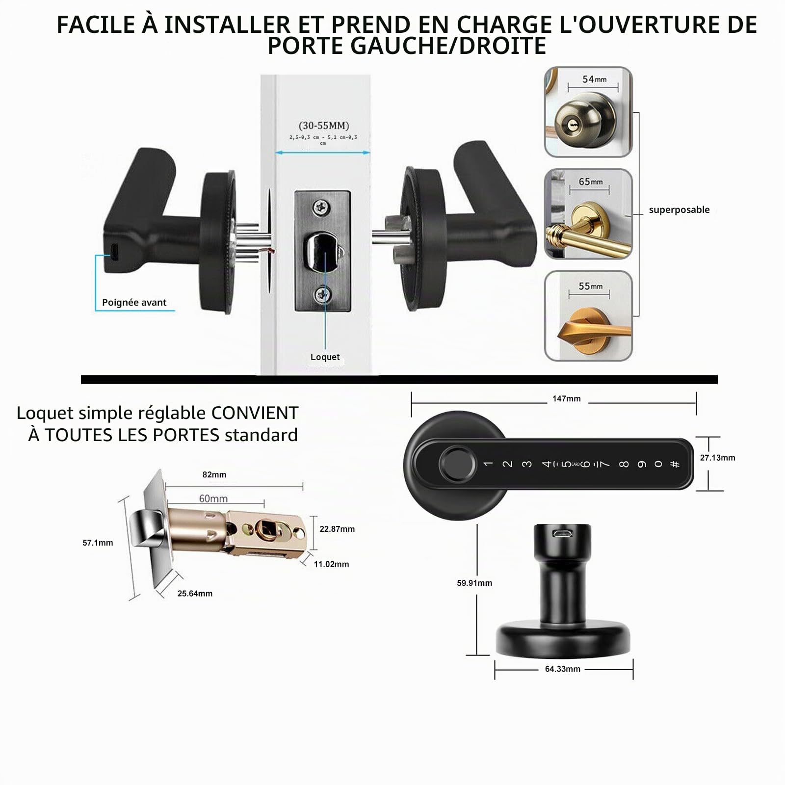 Serrure de porte intelligente à empreintes digitales avec poignée de clavier pour maison, appartement, bureau, porte d'entrée, chambre à coucher, serrure de porte d'entrée sans clé