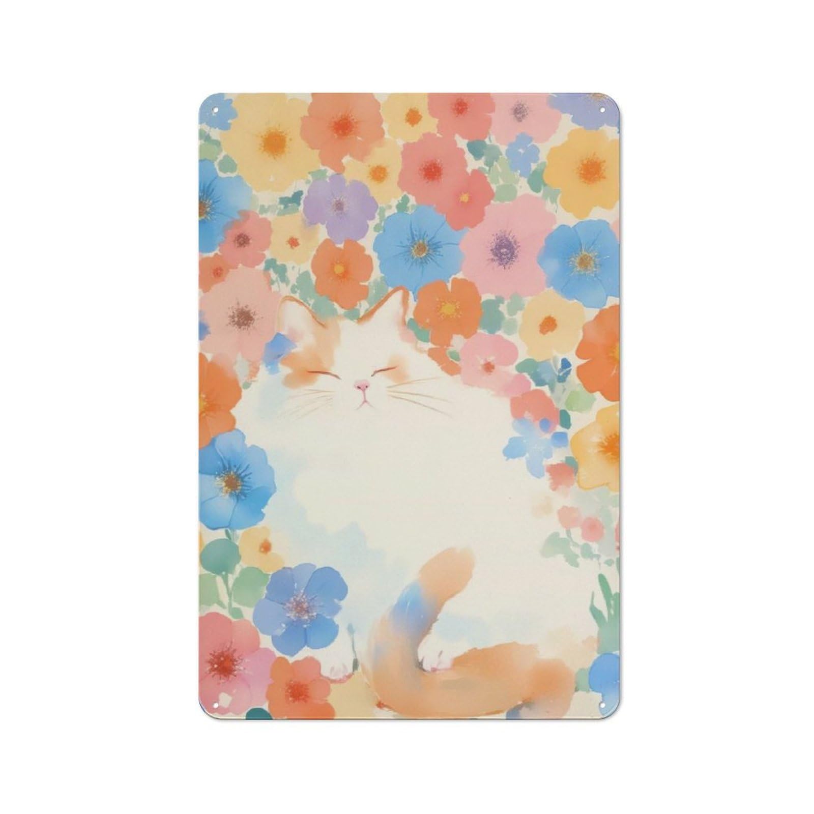 Junmoney Style-5 Cat In Floral Watercolor Illustration Shed Style Metal Wall Decor 30X20cm, Tin Sign For Conservatory, Home Bar Or Utility Room