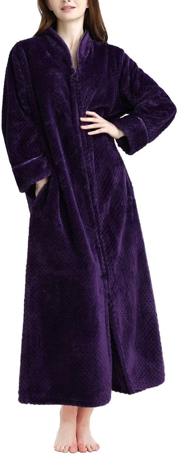 SoojunWomen's Waffle Fleece Soft Zip Up Front Bathrobe