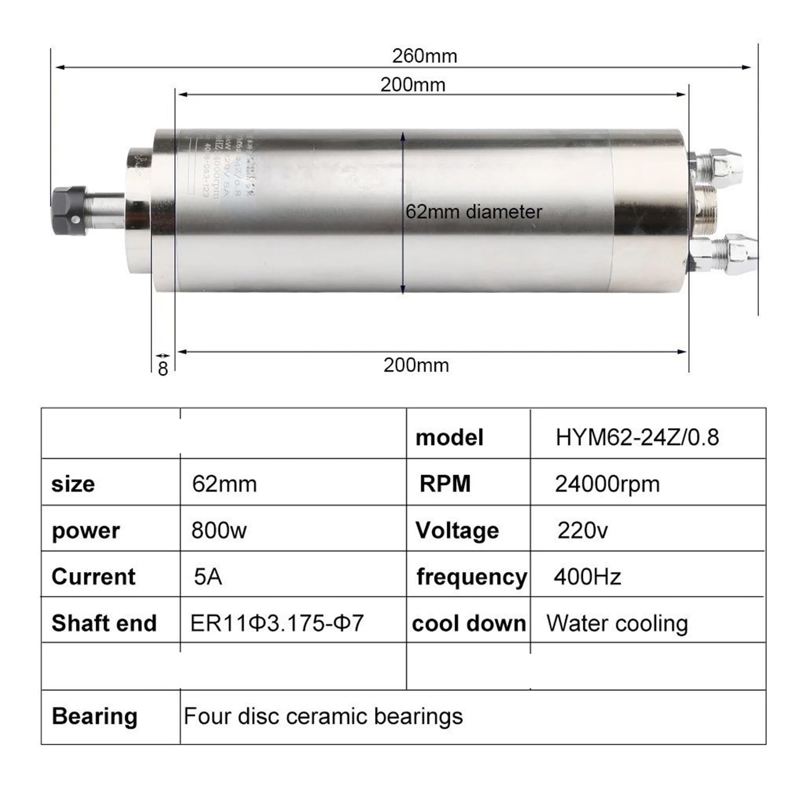 Motore mandrino raffreddato ad Acqua ER11 da 1,2 kW, 220 V, 4 Cuscinetti a Sfera, Diametro 62 mm, 700 Hz, 42000 Giri/min, Coppia costante for CNC in Metallo