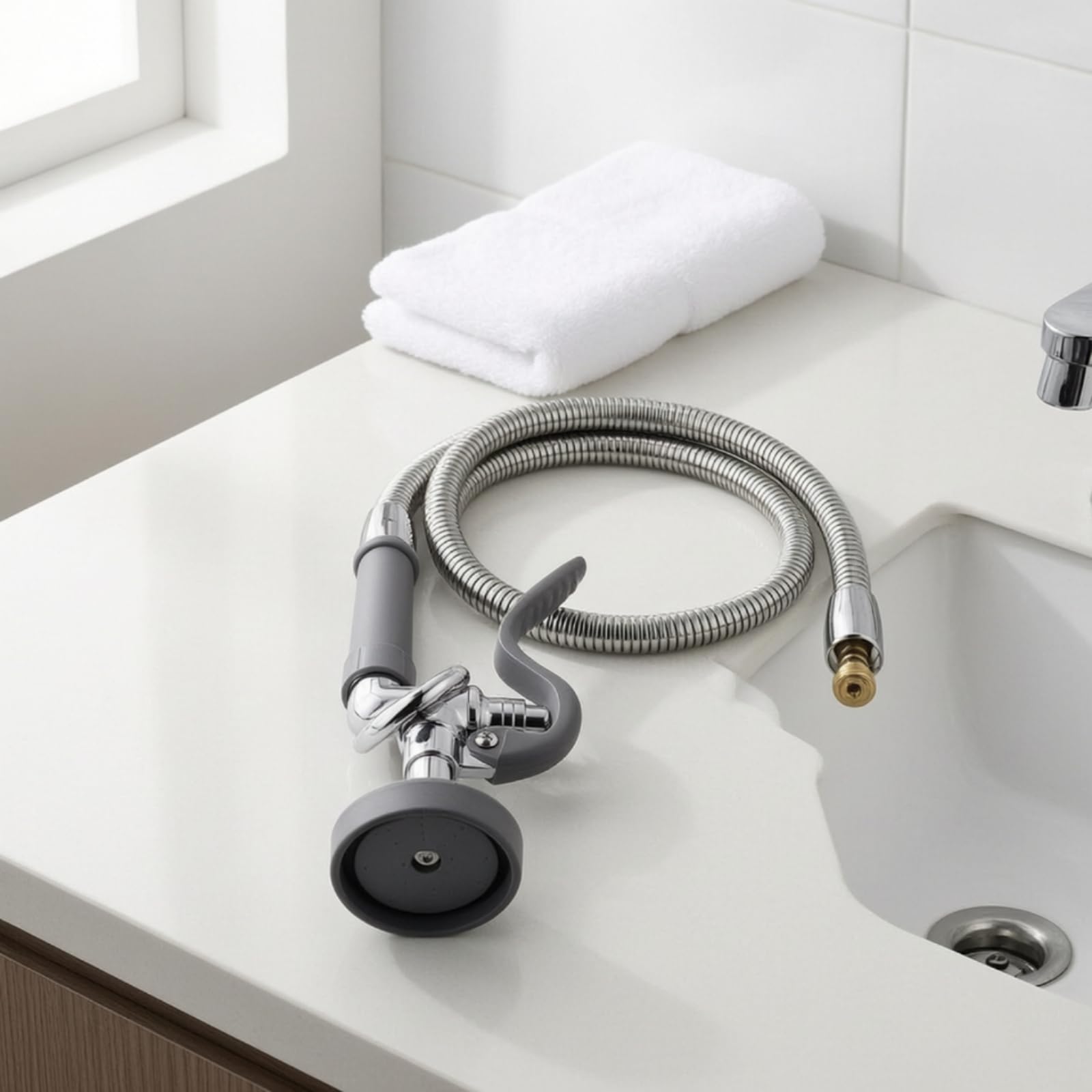 Tuyau en Acier Inoxydable Ondulé avec Pommeau à Grip Vertical Noir pour Nettoyage Animaux Domestiques Baignoire