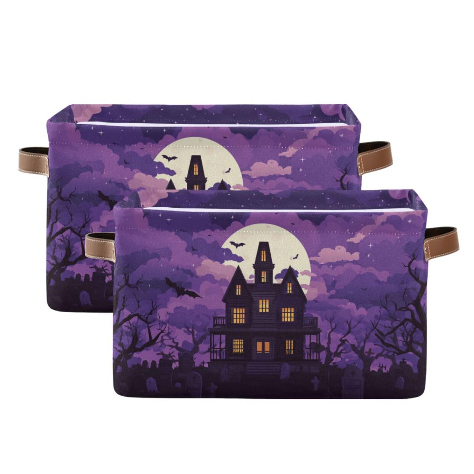 Aslsiy Storage Basket Spooky Castle Halloween Moon Nursery Bins Purple Baby Box Canvas Clothes Shelf Basket Laundry Hampers 2 Pcs