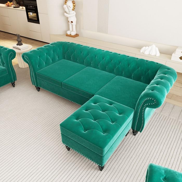 Image of Chesterfield Velvet 3 Seater Round Arm Sofa + Ottoman Modern Sofa for Your Loving Space, Bedroom, Living Room, Offices (Green)