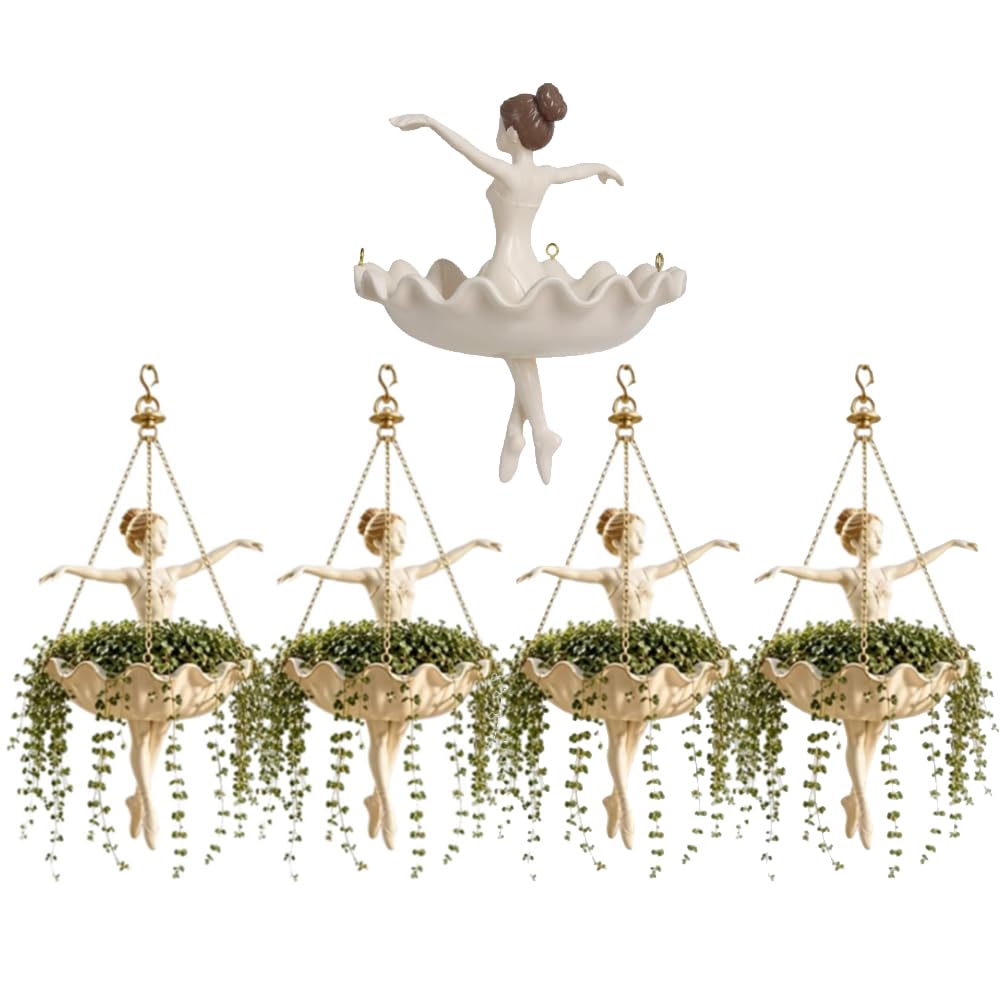 5Pcs Ballet Dancer Resin Hanging Planter Basket with 3 Chains for Outdoor