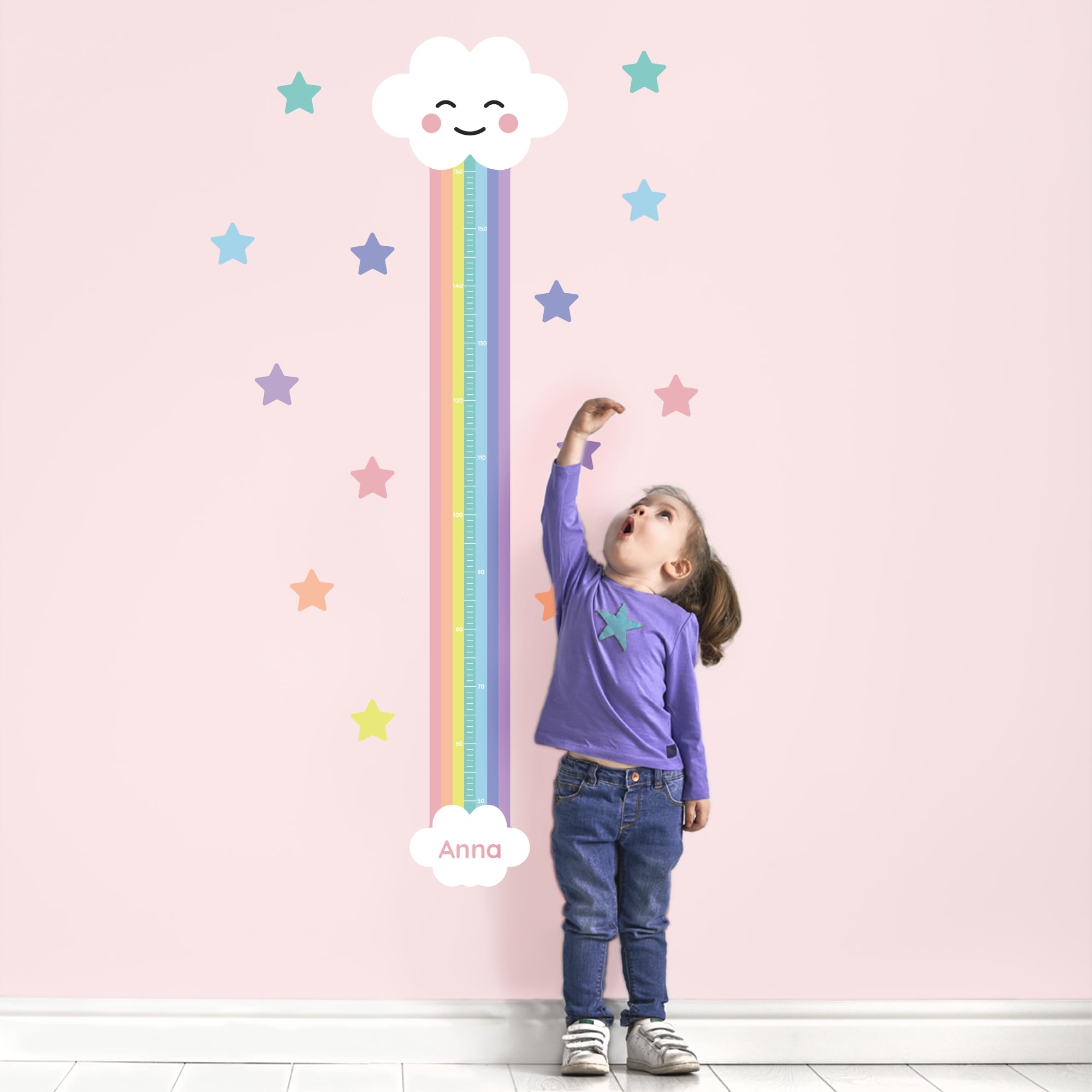 Klebekerlchen® | Personalisierte Messlatte als Wandtattoo fürs Kinderzimmer | Zum Messen der Körpergröße bis zu 160 cm | Inklusive individueller Personalisierung - Regenbogen