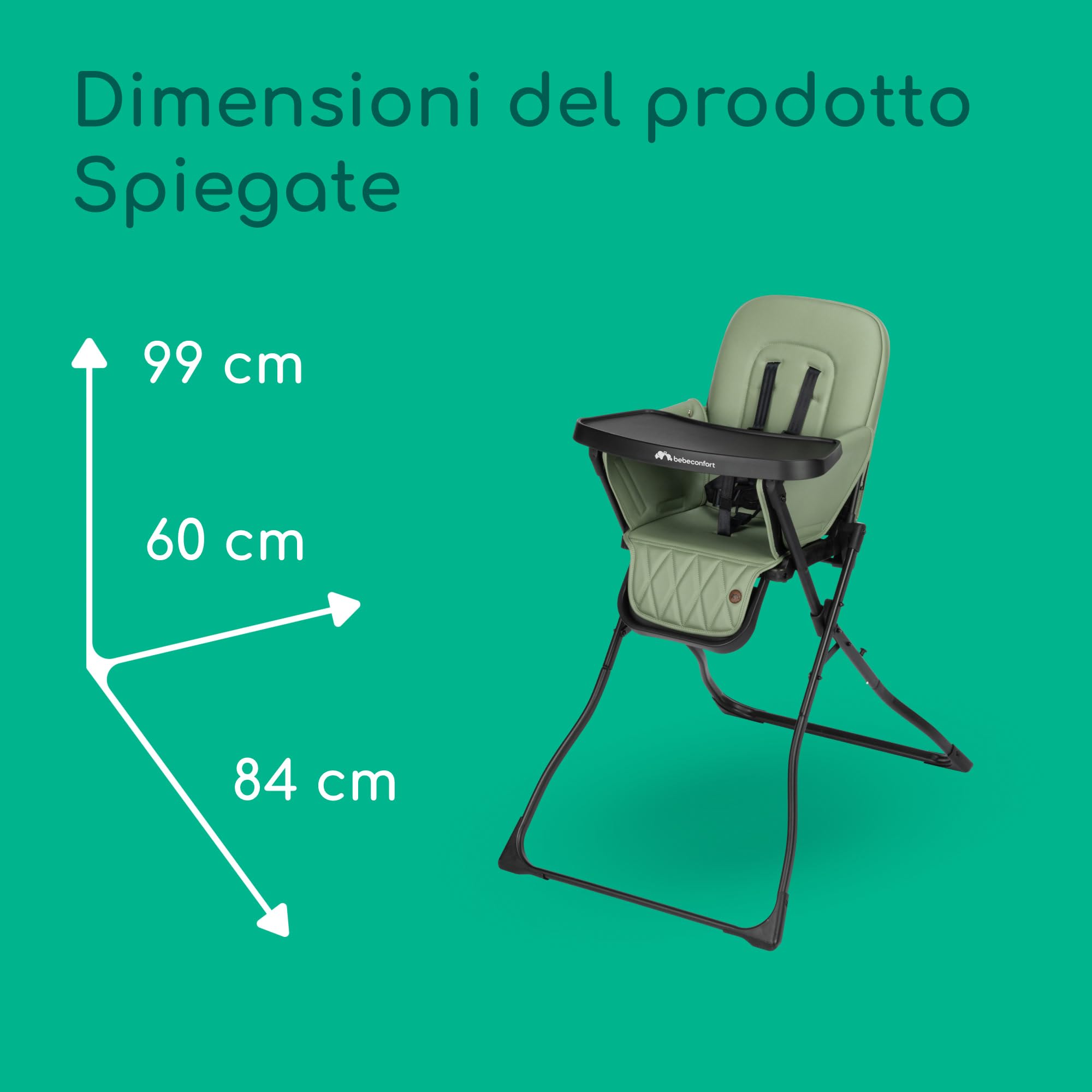 Bebeconfort Mallow, Seggiolone pappa 0 36 mesi, 0-15 kg, Seggiolone pieghevole ultracompatto, Leggero 5.6 kg, Chiusura facile e veloce con una mano, Facile da Pulire, Mineral Green