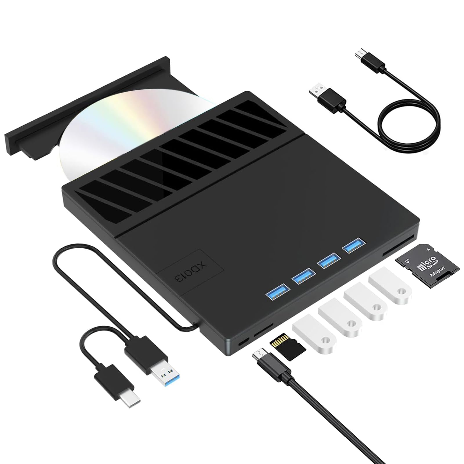 External CD DVD Drive, Type-C & USB 3.0 Portable Drive Reader DVD CD RW Writer Burner Player with SD/TF Slot & 4 USB Ports for Laptop, Desktop, PC, Mac, IOS, Windows 11/10/8/7/XP/Linux/Vista