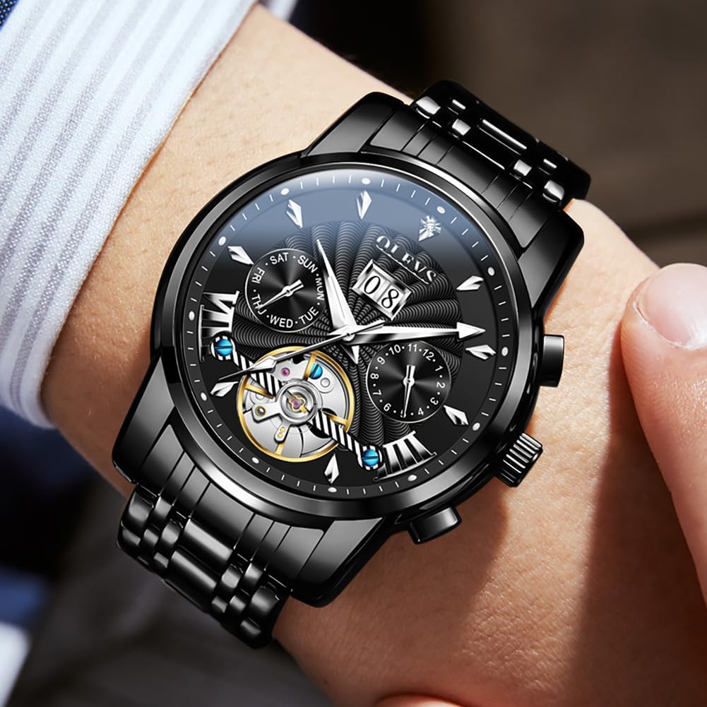 OLEVS Watches for Men Automatic Skeleton 5 Hands Mechanical Luxury Watch Classic Calendar Stainless Steel Waterproof Mens Wrist Watch - Image 2