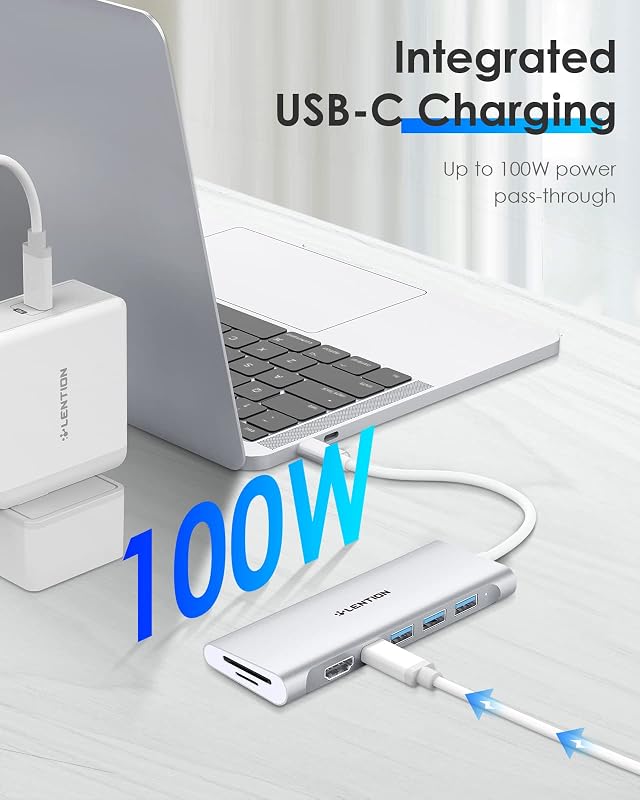 LENTION USB C Hub 4K HDMI Adapter - 100W Töltés, USB 3.0, SD/TF Kártyaolvasó - MacBook Pro/Air, Surface Kompatibilis - Thunderbolt 3/4 Csatl