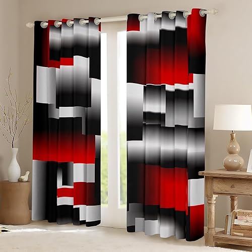 Miniatura 2 de Feelyou Cortinas geométricas negras y rojas para dormitorio, niños, representación 3D, arte abstracto, cortinas opacas rectangulares geométricas