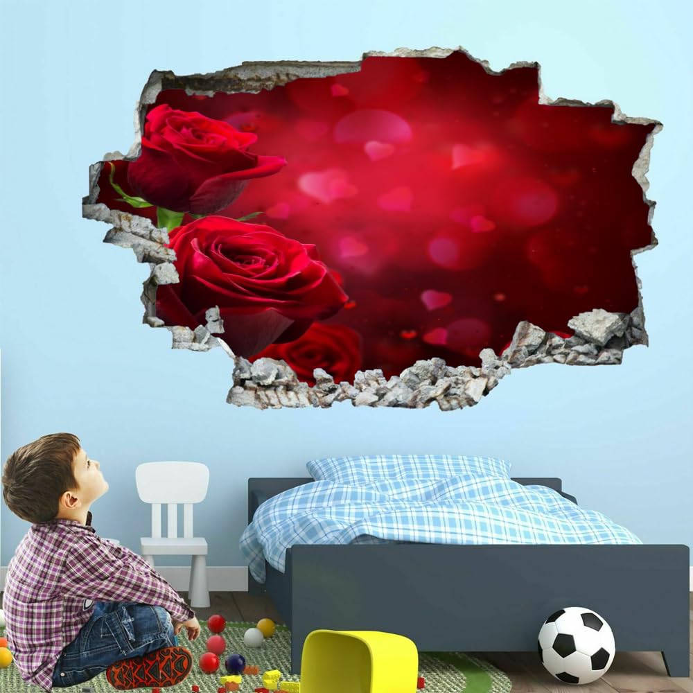 Pegatinas De Decoración De Pared 3D, Rosa Roja Calcomanías De Suelo De Vinilo Impermeables Extraíbles Arte, Plantas Naturales Calcomanías De Mural De Pared Rotas Para Niños Dormitorio 120x80cm