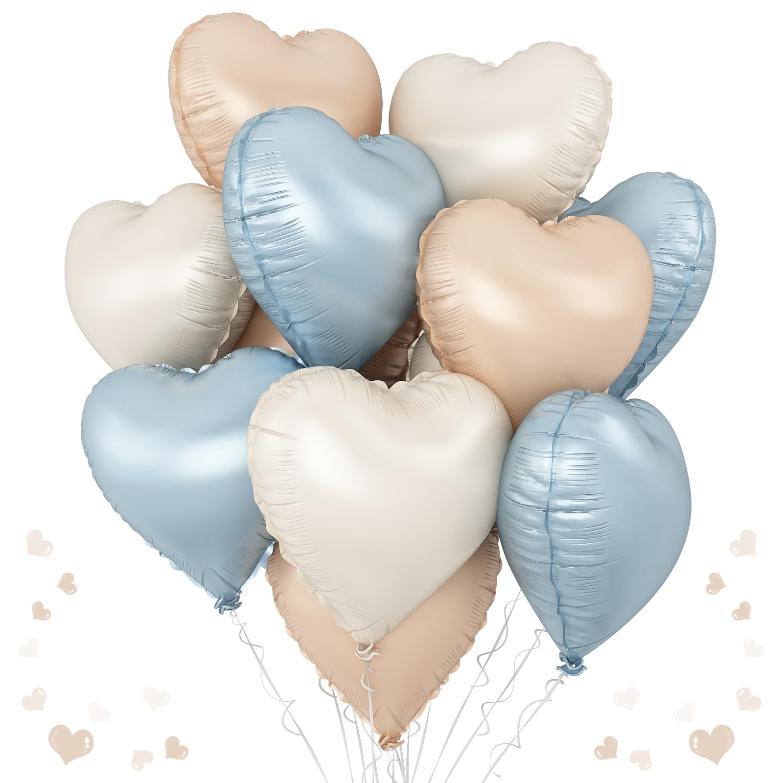 Blue Cream Heart Foil Balloons, 12Pcs Baby Blue Beige Nude Heart Shape Mylar Balloon, 18Inch Macaron Apricot and White Helium Balloons for Boho Birthdays Baby Shower Wedding Valentines Party Decor
