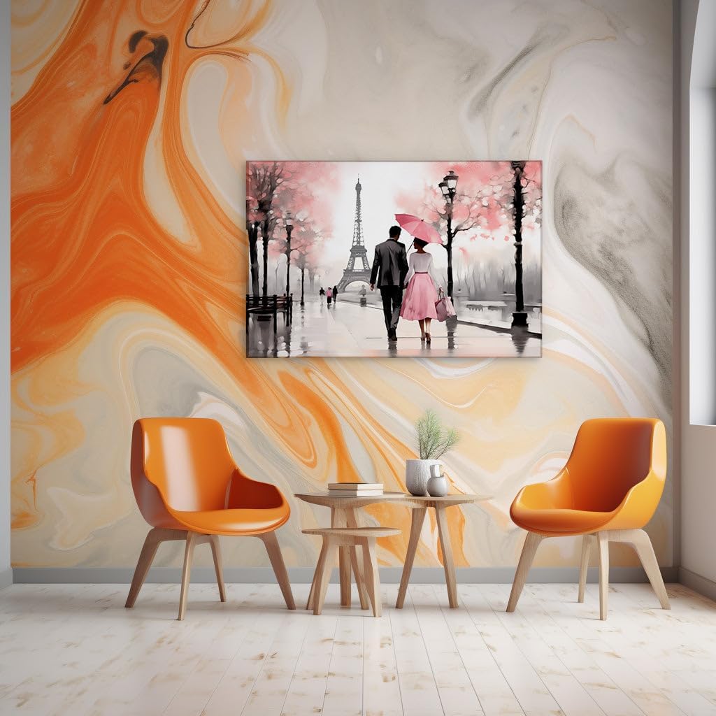 Canvas for Living room. Strolling Hand in Hand Embracing Romance by the Eiffel Tower, 27 x 18 inch Canvas Wall Art - Ready to Hang - 69x46 cm (27x18 inch)