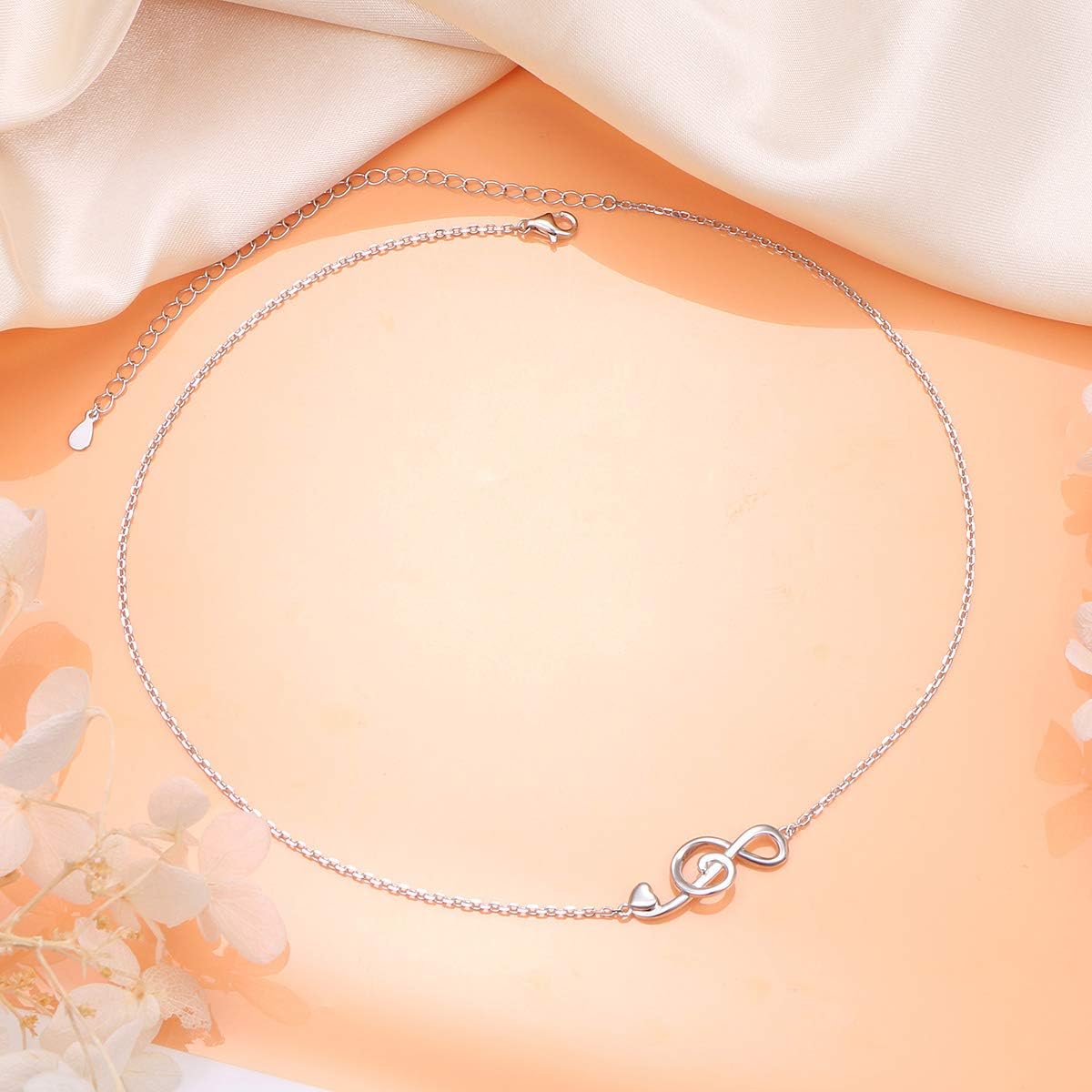 DAOCHONG S925 Sterling Silver Jewelry Musical Note Love Heart Sideways Choker Necklace 14 inches to 18 inches