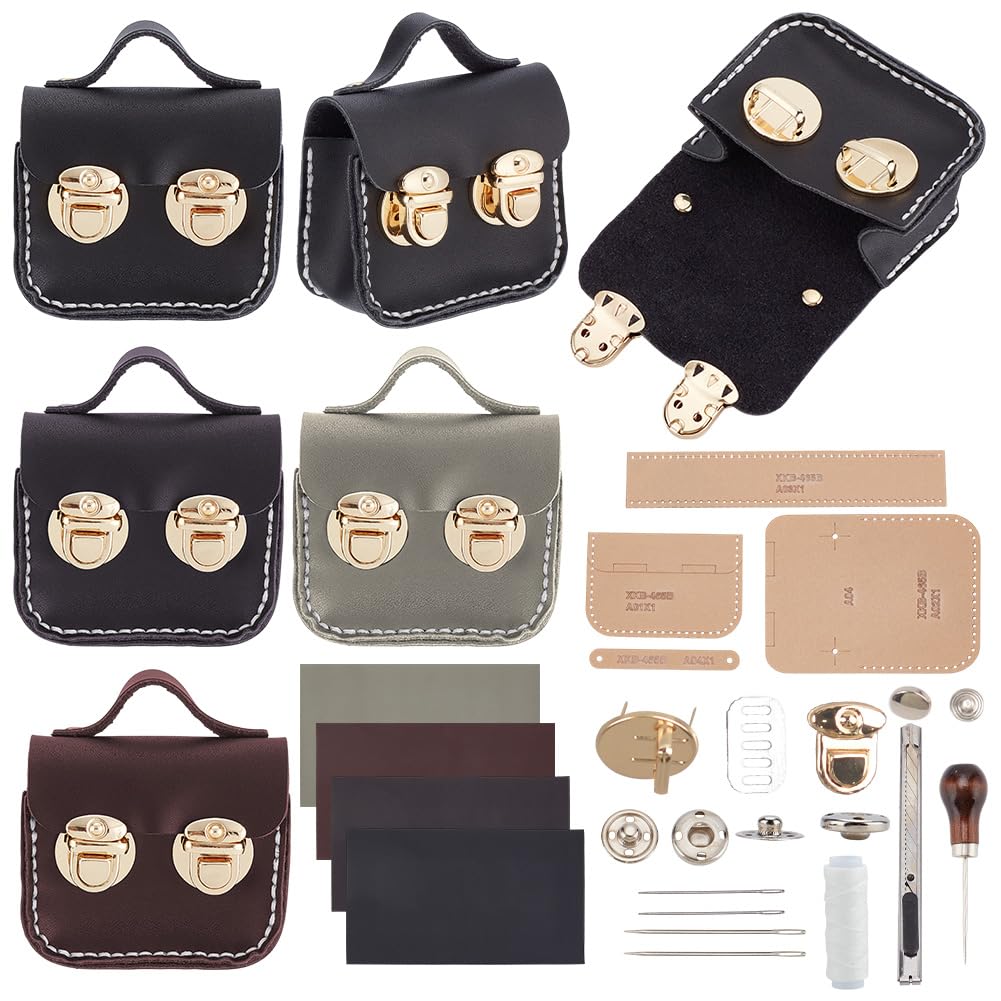 FREEBLOSS 4 Set DIY Leather Purse Kit Mini Pouch Coin Purse Kit Coin Storage Bag Portable Leather Change Wallet Sewing Craft Kit with English Instruction for Adults 8x6x3cm