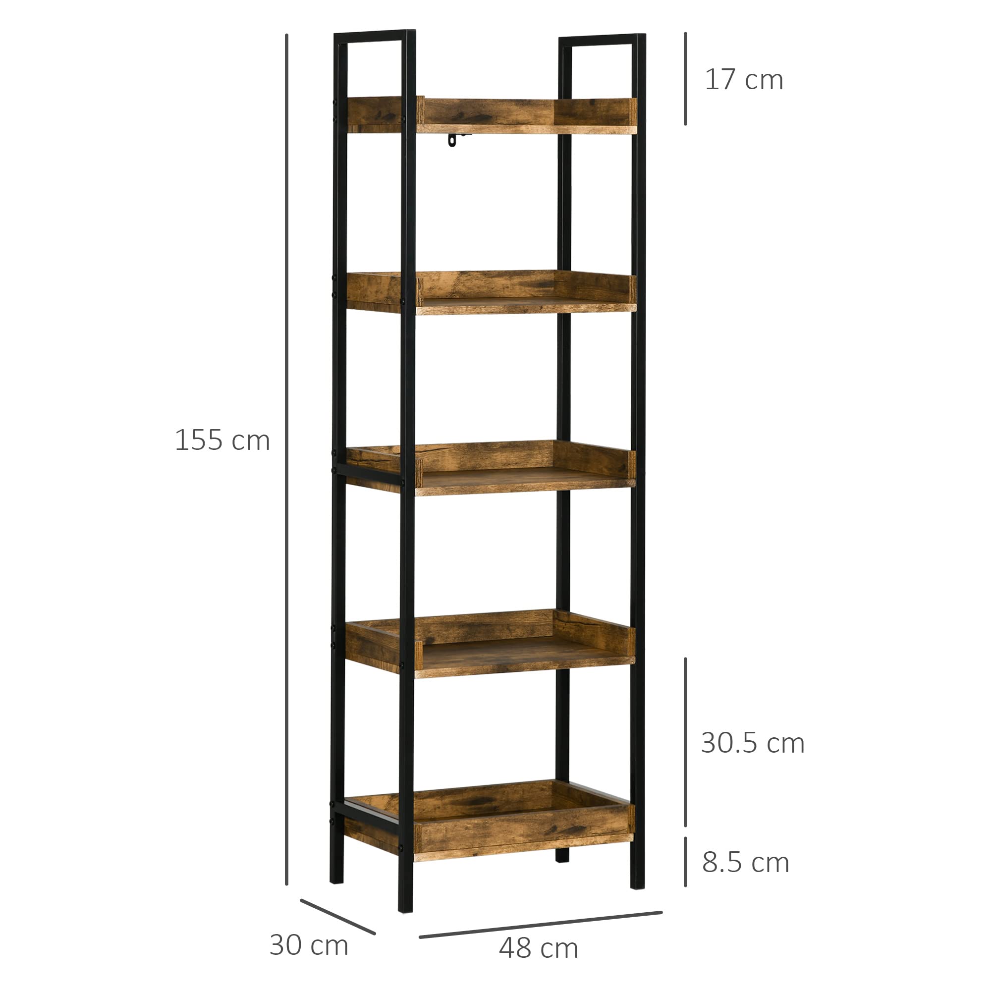 HOMCOM Libreria Stile Industriale a 5 Ripiani, Mobile Libreria in Legno e Metallo per Casa e Ufficio, 48x30x155cm, Marrone Rustico