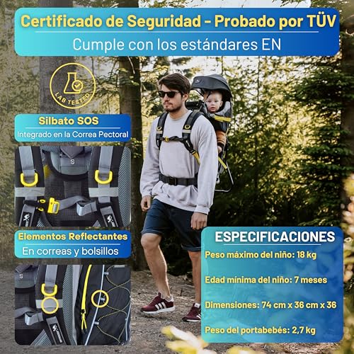 Miniatura 4 de Dromader Mochila Portabebe Montaña - Portabebes Senderismo Hasta 22kg Con Protector Solar, Protector De Lluvia, Bolsillo Térmico Y Cambiador - Estructura Plegable Con Una Mano Negro Y Amarillo
