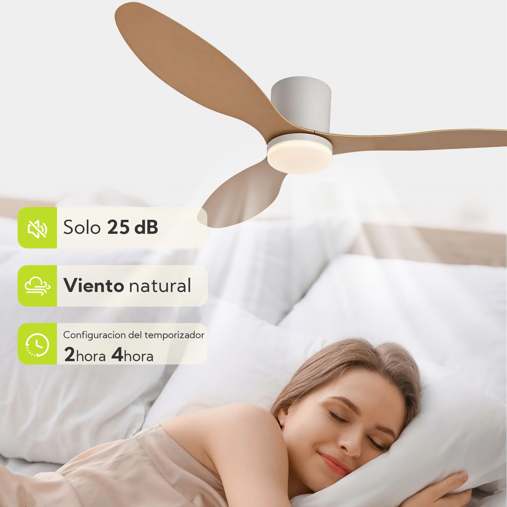 Ventilador de Techo Grande con Luz y Mando 132cm (52"), Motor DC Silencioso, 3 Aspas Plástico Efecto Madera Clara, LED Regulable, Estilo Nórdico para Salón, Blanco y Madera