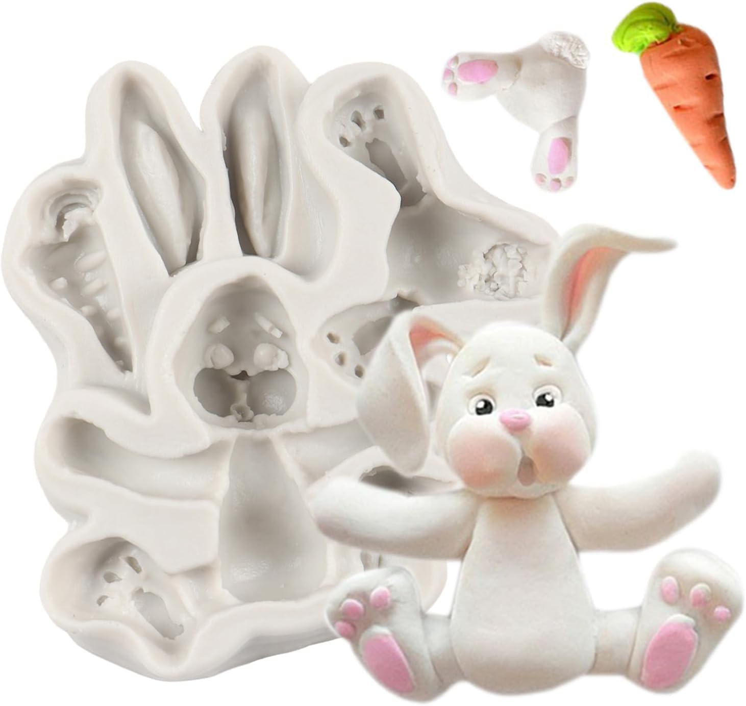 3D Easter Rabbit Fondant Mould Silicone Bunny Chocolate Mold Bunny Carrot Theme for Cake Decoration Cupcake Topper Chocolate Candy Sugar Craft Polymer Clay Gum Paste Jelly Candy Resin Candle.