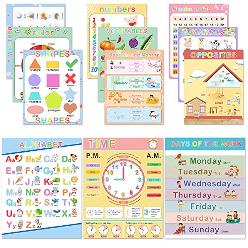 WIWAPLEX Preschool Educational Posters 17 x 13 Inch Printable Educational Posters for Toddlers Homeschool Preschoolers Kindergarten Classroom Teachers - Numbers Alphabet Colors Days and More 12 Pieces