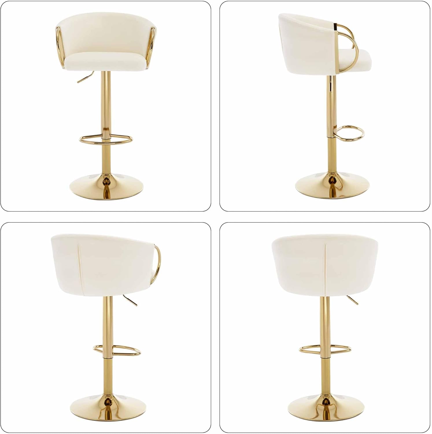 Velvet Bar Stools Set of 2, Adjustable 360° Swivel Counter Height Bar Chairs with Backs & Armrests, Gold Bar Stools for Kitchen Island & Home Bar, Cream
