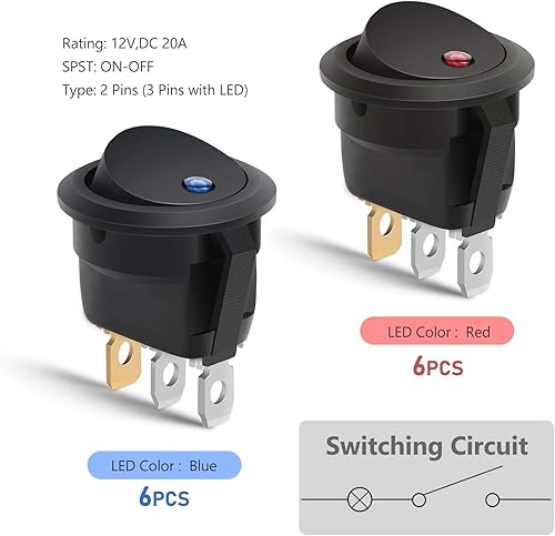Miniatura 3 de ZKFAR 12 interruptores basculantes redondos para automóvil, 0.3 pulgadas x 0.6 pulgadas, 12 V, 20 A, control impermeable, interruptor de luz de