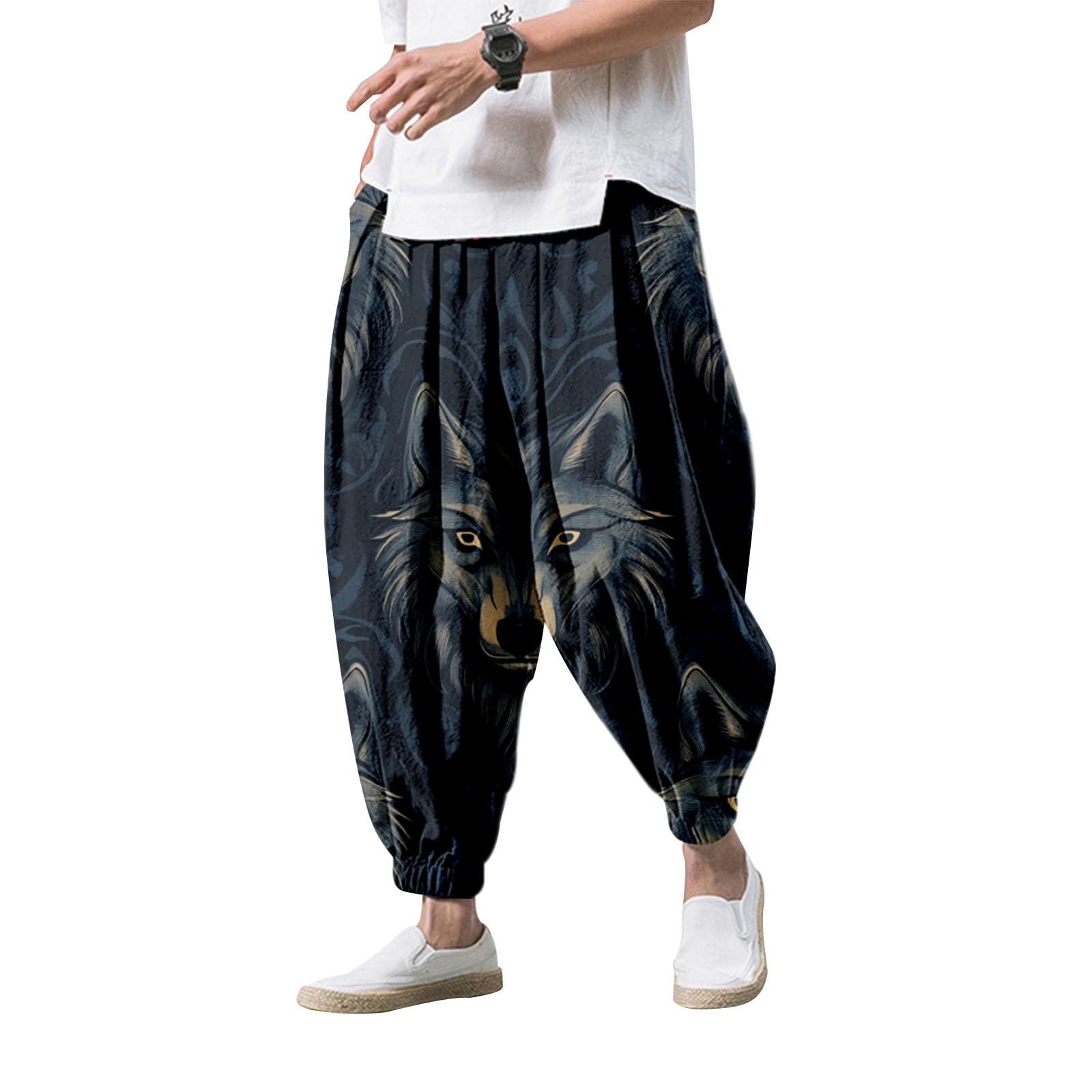 Zhyaj Men's Oversized Elastic Waist Harem Pants Mens Cotton Blend Drop Crotch Trouser Casual Daily Loose Fit Pants
