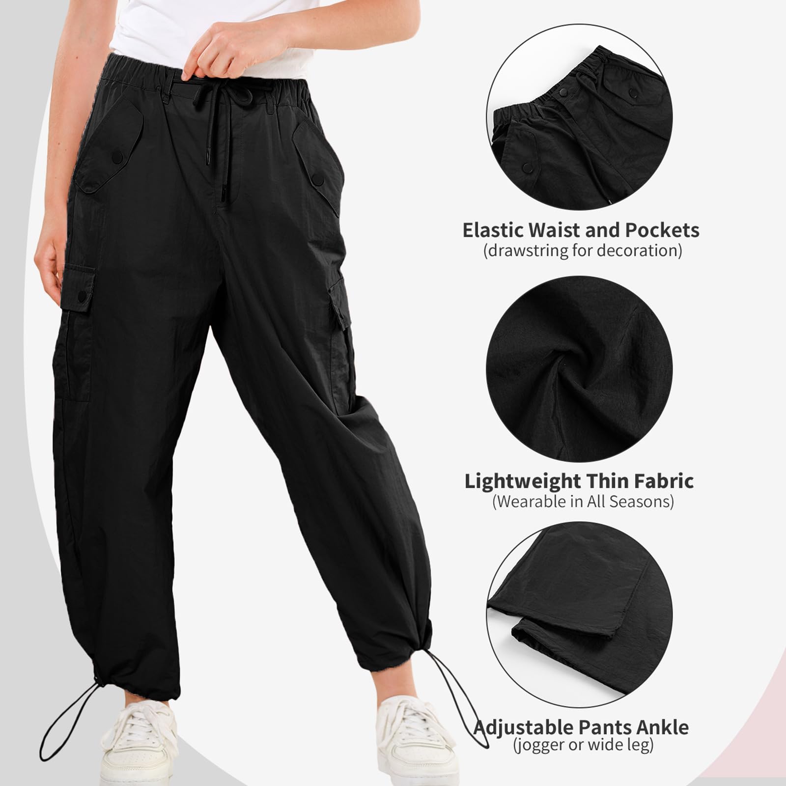 Rolanko Baggy Cargo Fallschirmhose für Mädchen, Y2K Vintage Jogger mit Verstellbarer Elastischer Taille für Kinder Fit