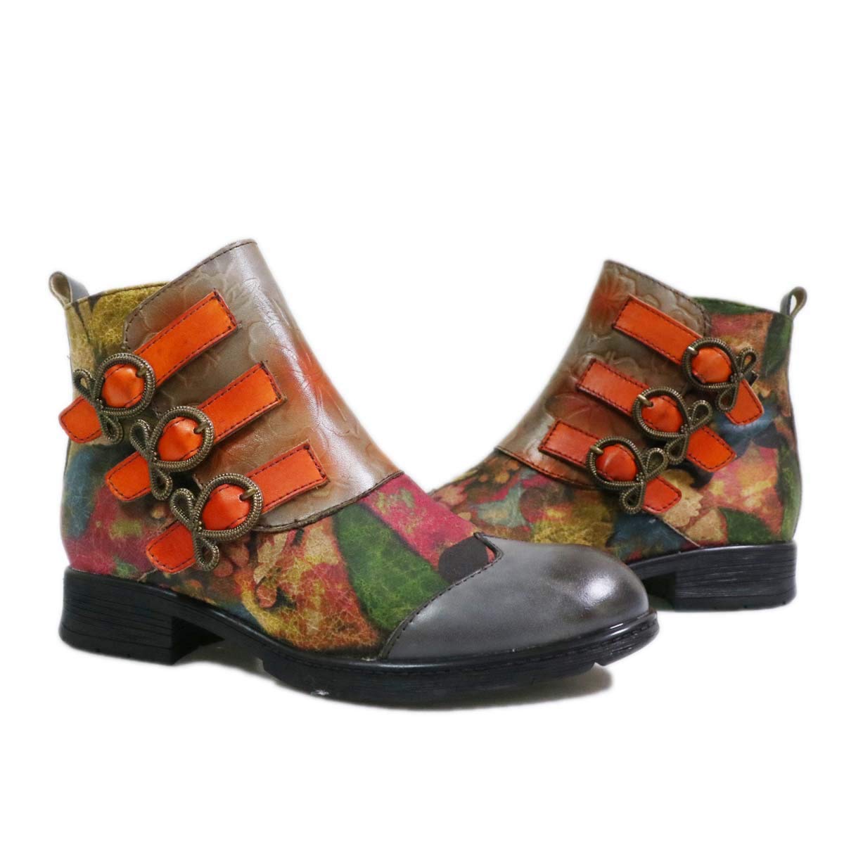 CrazycatZWomens Ankle Bootie Leather Floral Splicing Pattern Fur Lined Boots