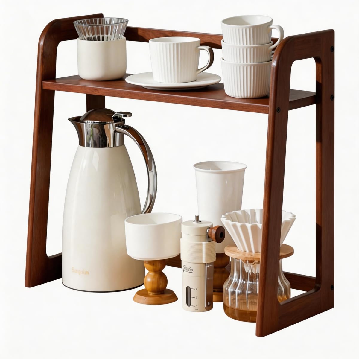 XIKEMADI Natural Bamboo Coffee Station Organizer, 2-Tier Wooden Kitchen Counter Shelf for Bar Accessories, Multi-Functional Countertop Storage Rack for Syrup Bottles & Coffee Essentials (Dark Brown)