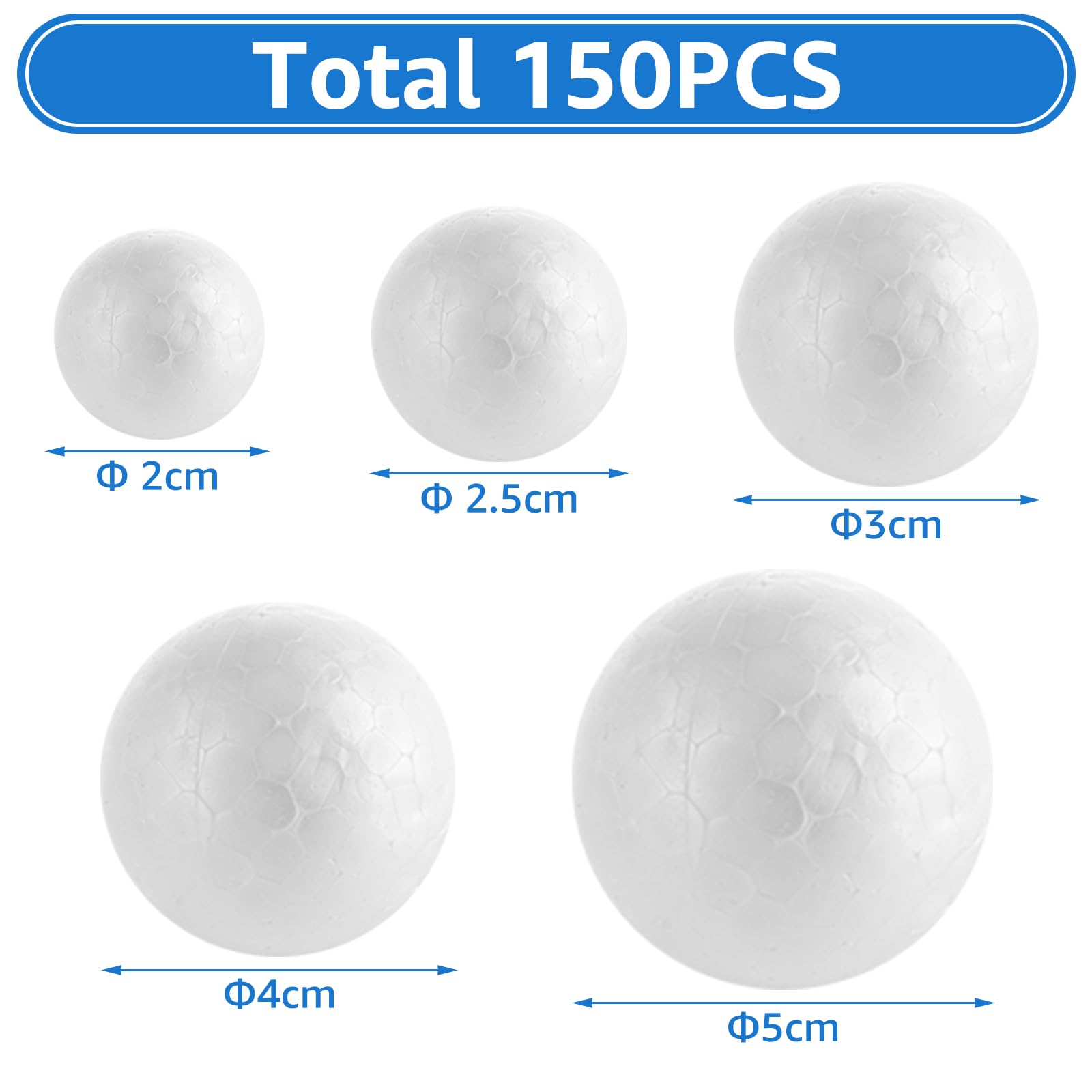Bolas de Porexpan 150 Piezas, 5 Tamaños (2-5cm), Esferas de Poliestireno para Manualidades, Navidad, Decoración, Bolas Blancas, DIY, Proyectos Escolares, Regalos