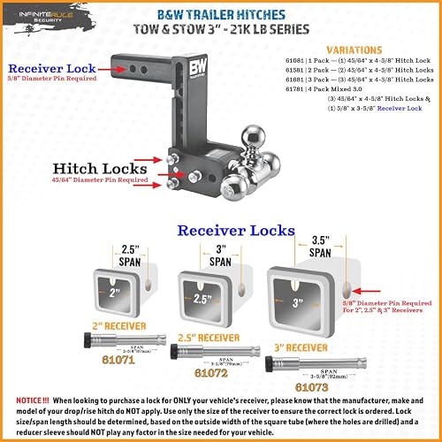 61681 | 3 Pack, Keyed Alike, Hitch Locks for B&W 3\" Tow and Stow 21K LB Hitch - Fits Adjustable Ball Mount Only - Does NOT FIT Vehicle Receiver - Thumbnail 5