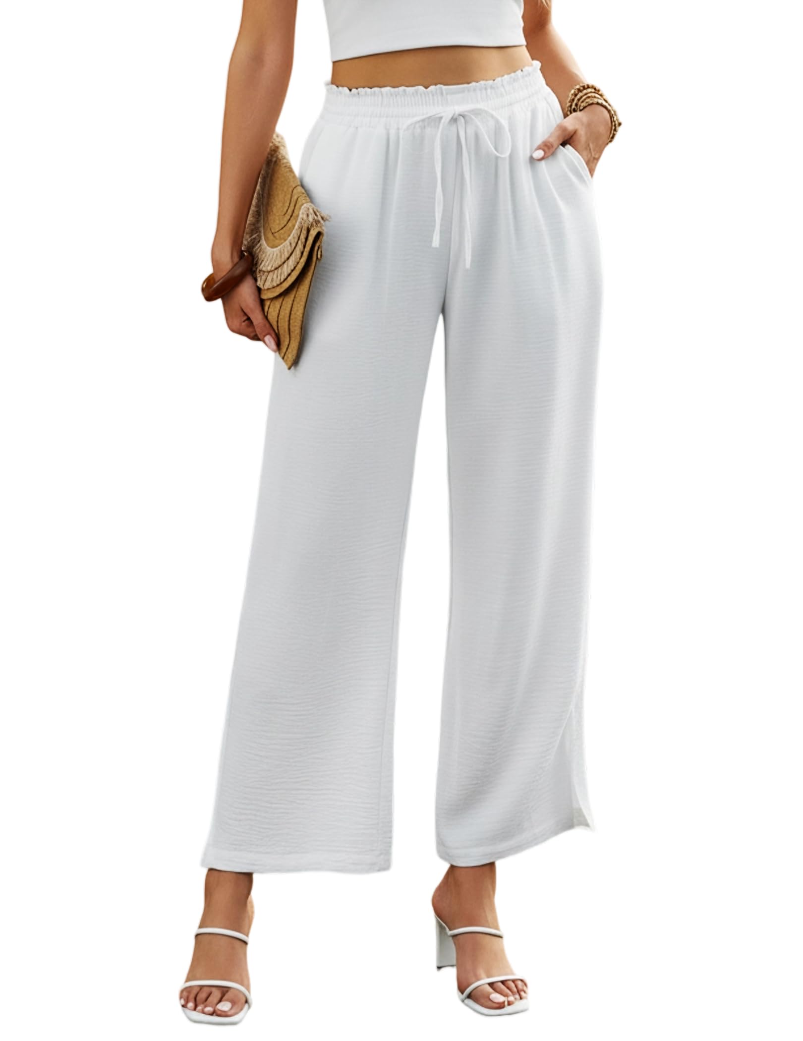 Womens Wide Leg Palazzo Pants Flowy Casual Drawstring Side Split Trousers Loose Fit Travel Vacation Outfits