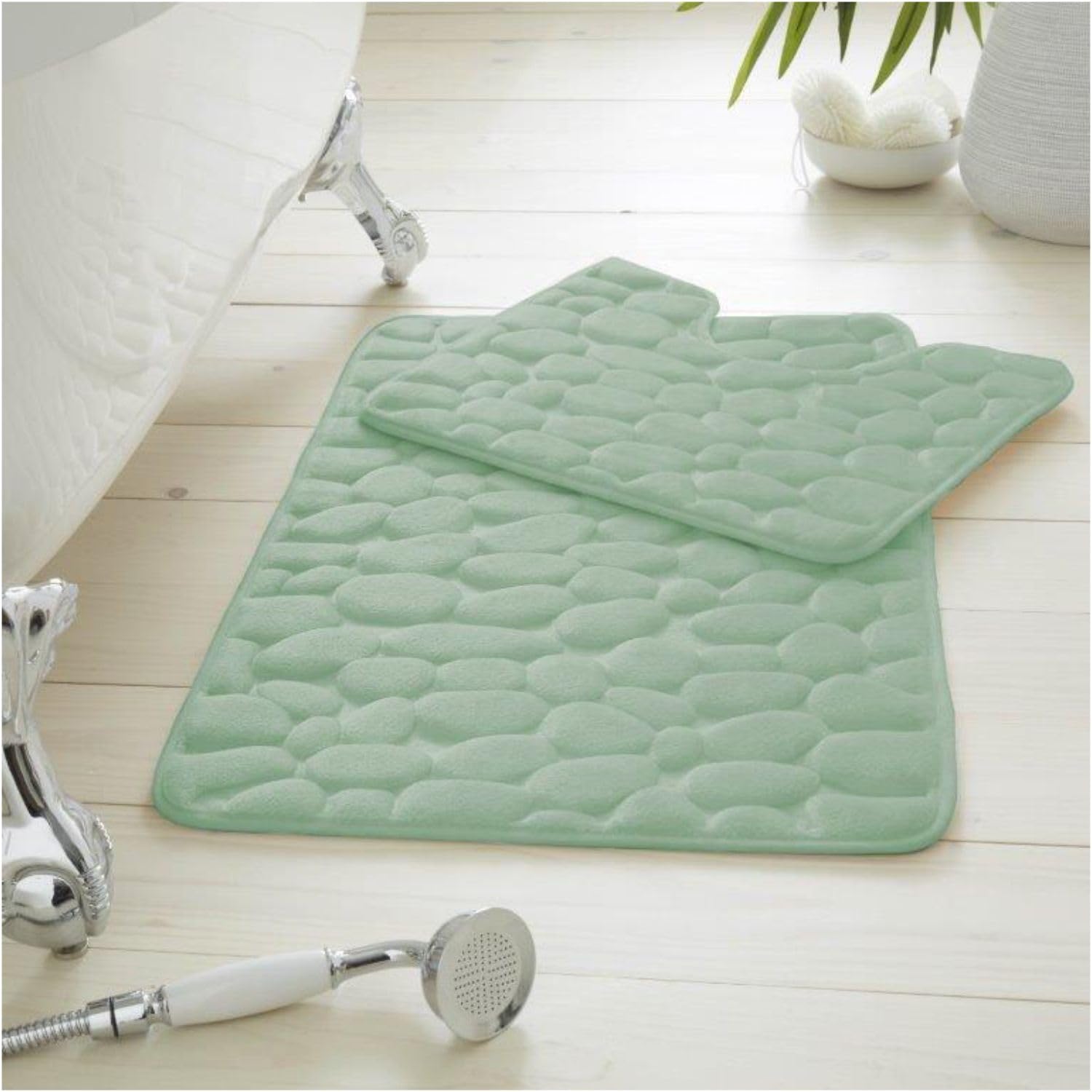 B&Q - Gc  Pearl Memory 2 Piece Non Slip Bath Mat Sage Green Quick Dry Water Absorbent Bathroom Shower Mat & Padestal Set