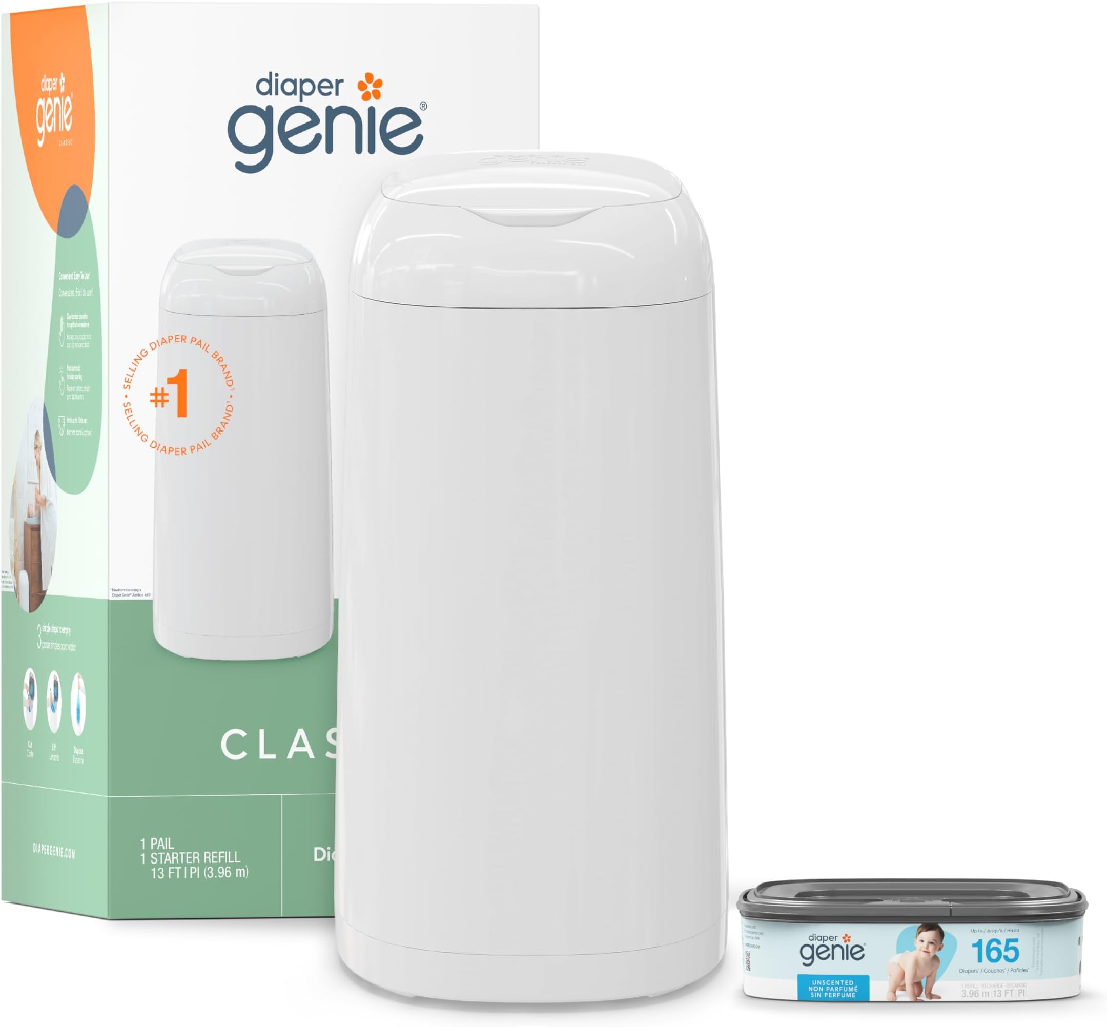Diaper Genie Classic Pail Includes 1 Starter Square Refill That can Hold up to 165 Newborn-Sized Diapers.