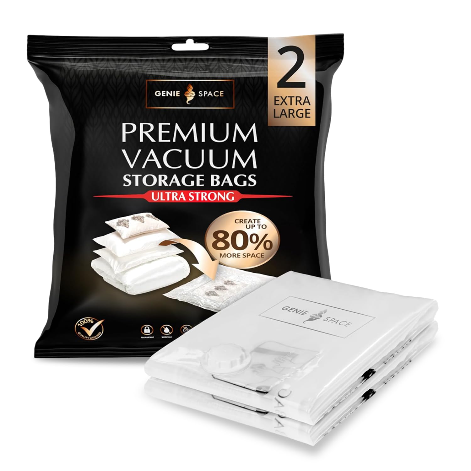 Genie Space 2 Pack Premium Vacuum Storage Bags For Clothes, Bedding And Travel, Extra Large 100X80cm, Airtight, Reusable And Odour-Proof Space Saver Bags With Double Seal,