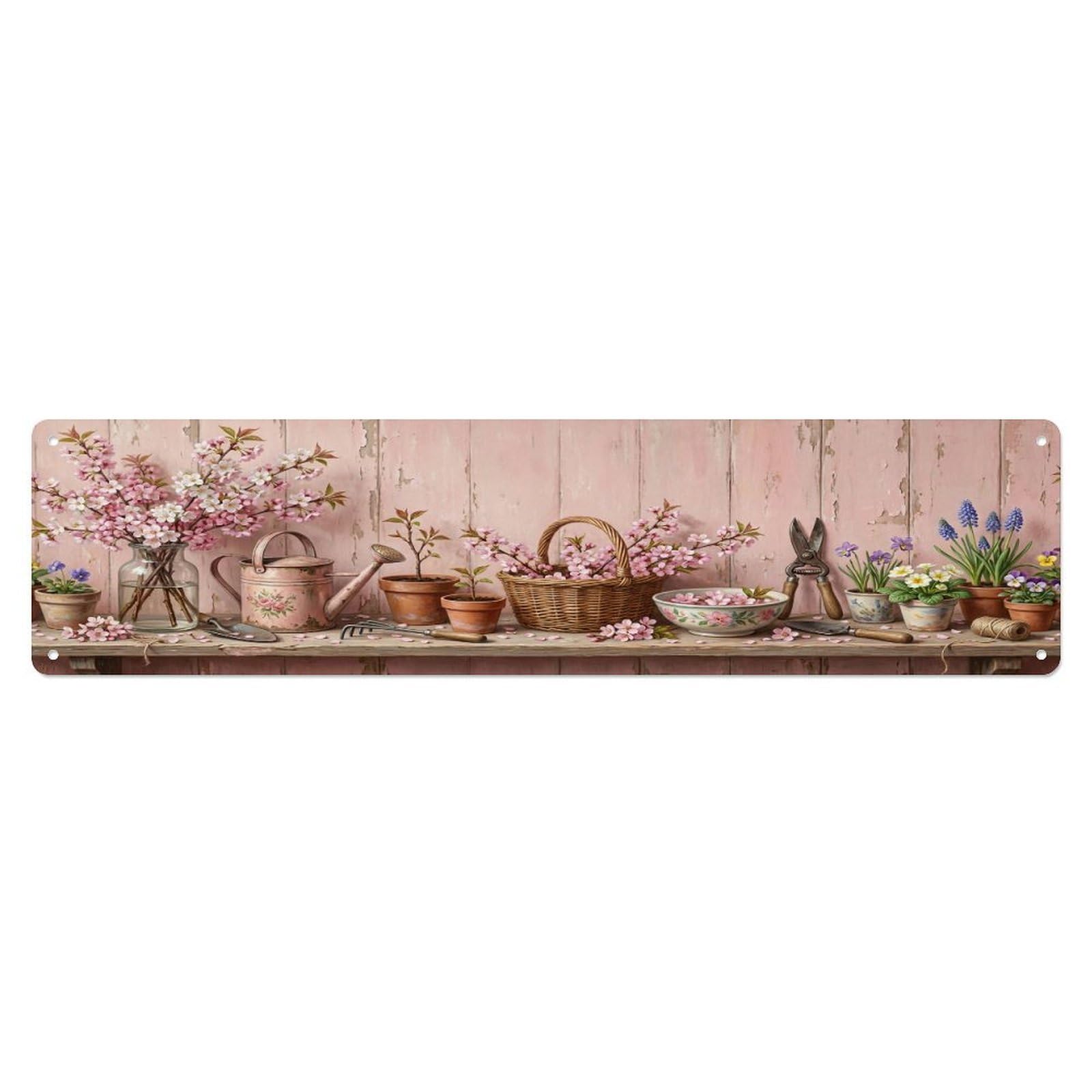 Floral Garden Tools Cherry Branch Pattern Print Metal Tin Sign