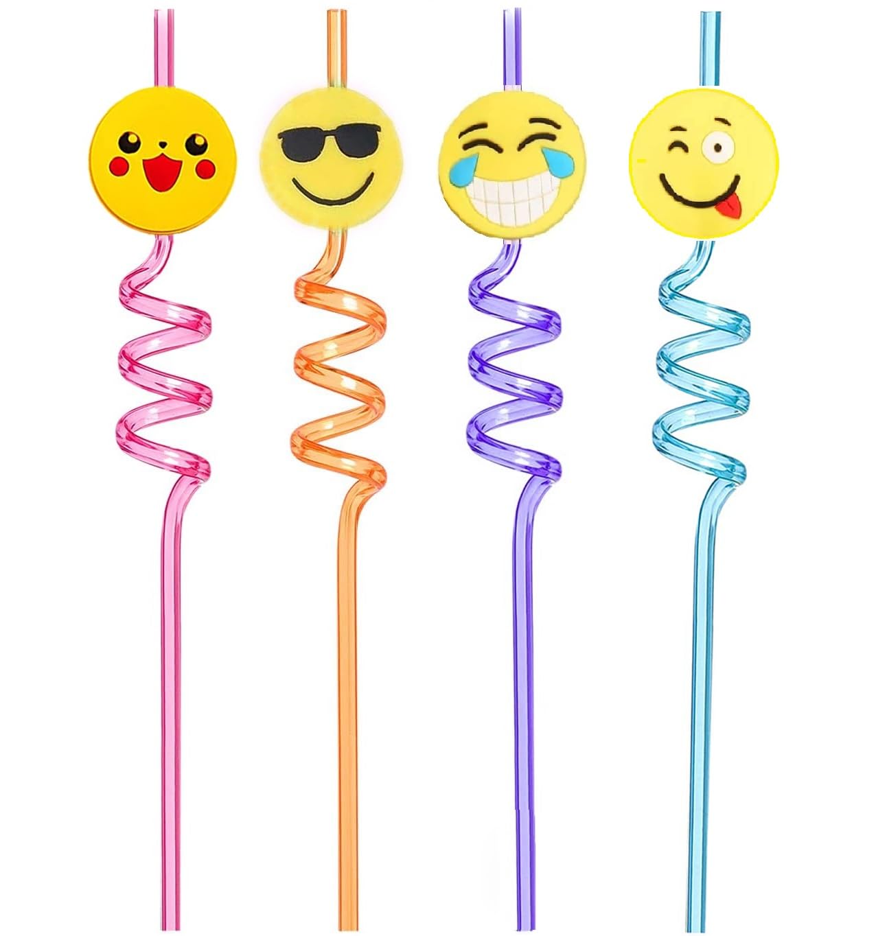 Giffy® 4 Pcs Reusable Spiral Smoothie Plastic BPA Free Drinking Straw for Milkshakes, Soft Drink, Juice, Christmas, Birthday Party Gifts - Multicolor, Smiley Design (Pack of 1) (1)