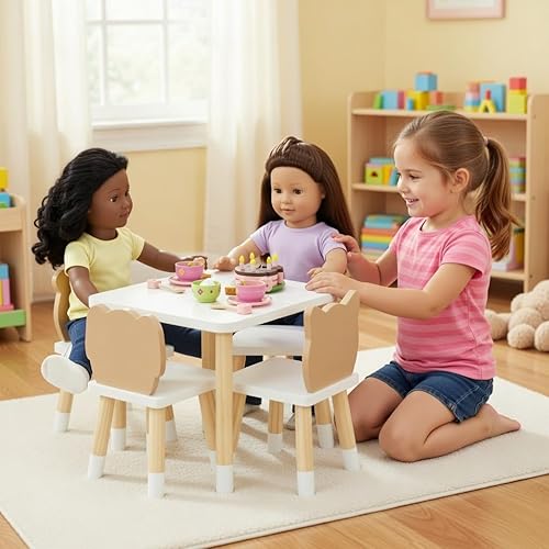 Miniatura 6 de Emily Rose Juego de mesa de cocina y 4 sillas de animales para muñecas de 18 pulgadas, tema de conejo, oso, cachorro, gatito, fácil montaje, juego