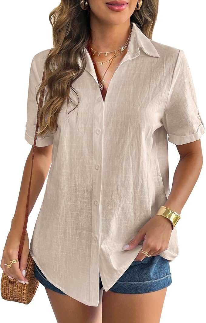 Zeagoo Camisa de Lino con Botones para Mujer, Blusa de Manga Corta con puños enrollados, Cuello en V, Informal, de algodón para la Playa, D-Caqui Claro, S
