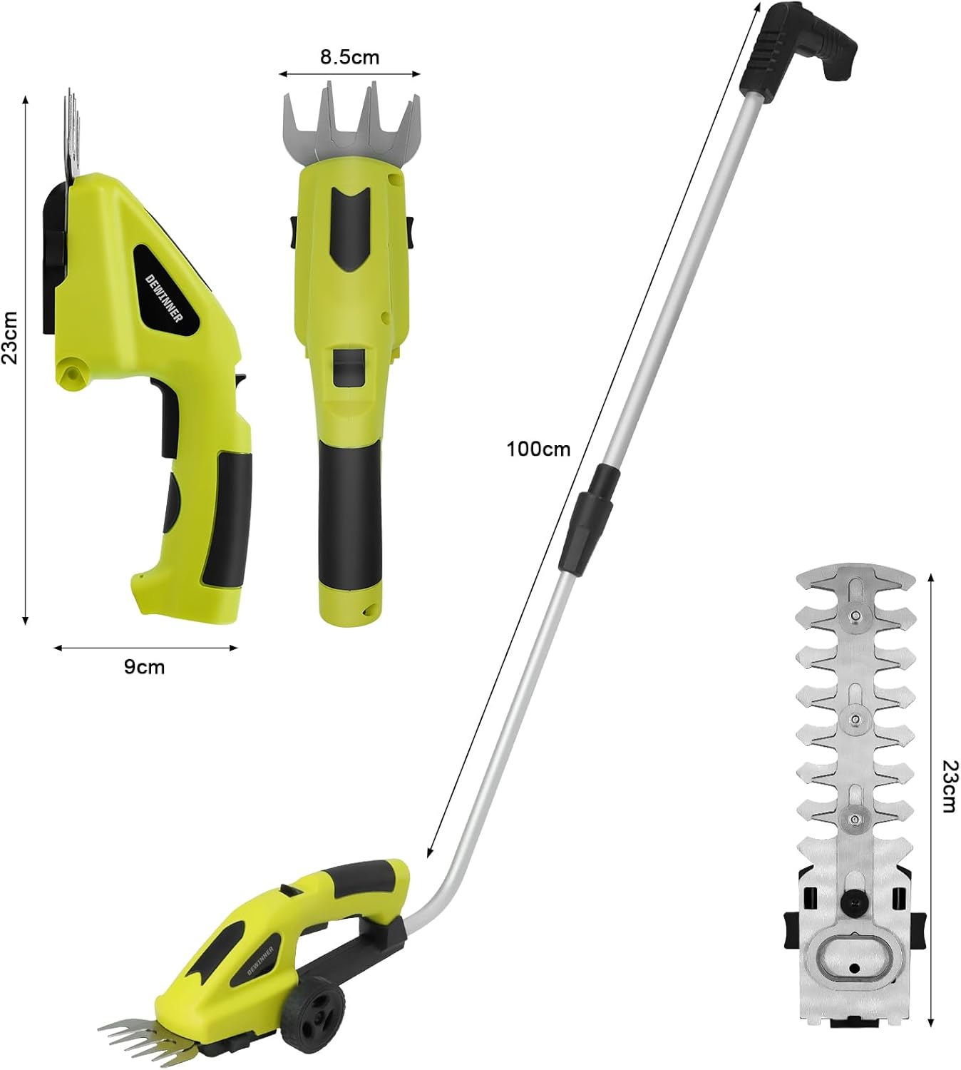 Diagram showing dimensions of the DEWINNER 2-in-1 tool and telescopic handle