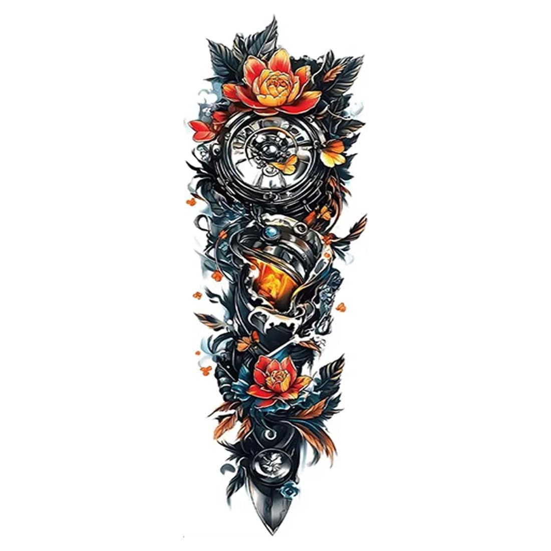 Clock Flower Colourful Temporary Tattoos Sleeve For Adult, Full Arm Large Realistic Fake Sleeve Tattoo