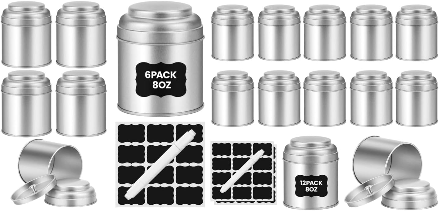 TRISCO Tea Tin with Airtight Double Lids for Loose Leaf Tea Storage, 8 Fl Oz Kitchen Small Tin Can and Tea Canister for Tea Coffee Sugar Candy Spices Christmas Gift, 18PCS