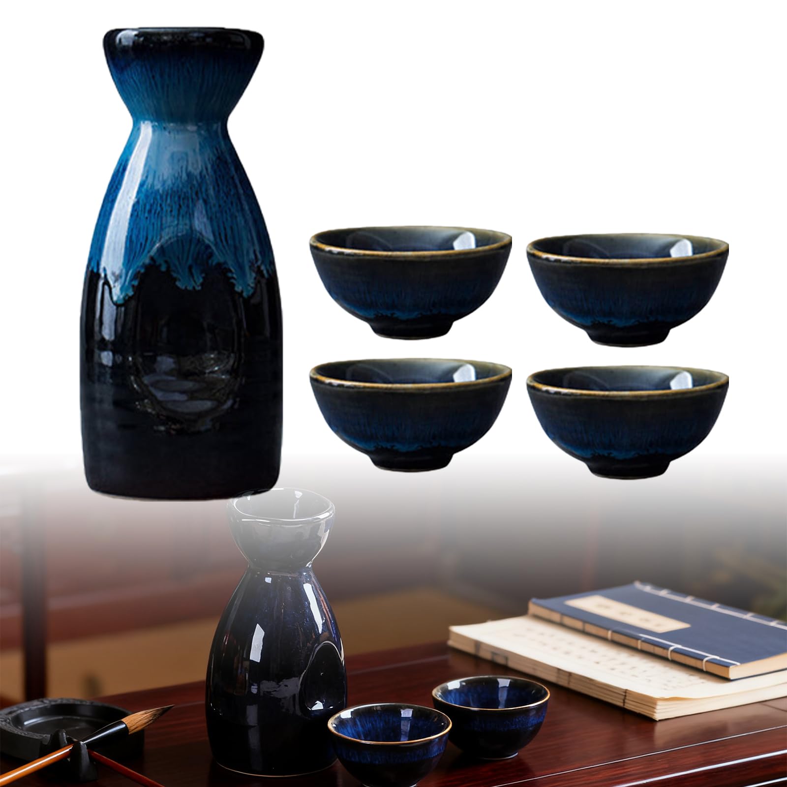 GOEDCH Ensemble de saké japonais traditionnel : ensemble de vin de riz bleu pour le style japonais Contient 4 gobelets à saké et 1 pot à saké, ensemble de saké artisanal pour la maison et les