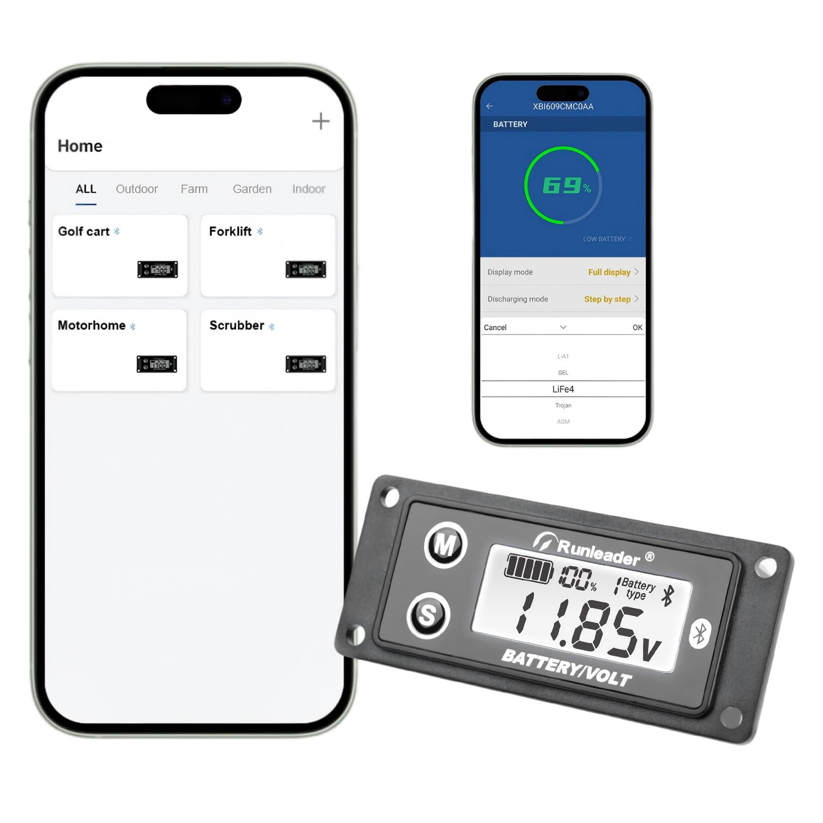 Runleader Digital Bluetooth Battery Power Indicator Volt Meter, APP Manage Operated Battery Level Meter for Lead Acid LiFePO4 Trojan GEL AGM 18650 Powered Golf Cart Lawn Mower Forklift Scrubber-image-33