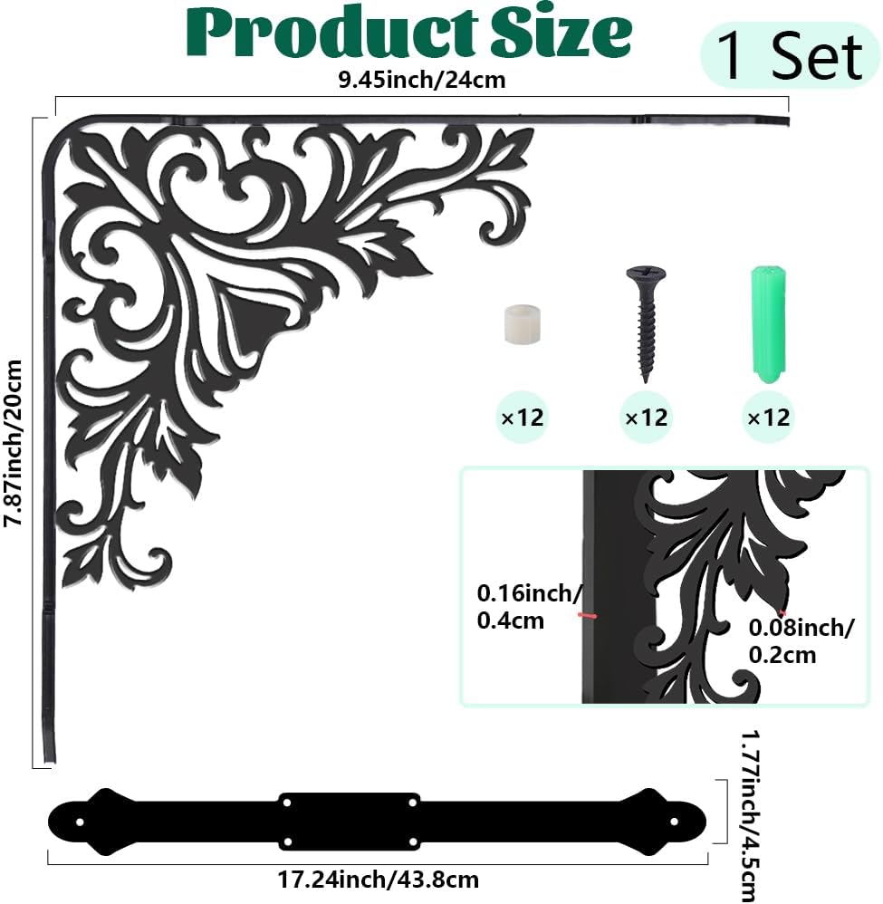 2Pcs Decorative Shelf Support Brackets Floral Iron Shelf Brackets Vintage Black Metal Wall Mount Ornate Right Angle Rack Rustic Style Holder for Home Decoration 6.77 x 8.27 x 0.08 Inch