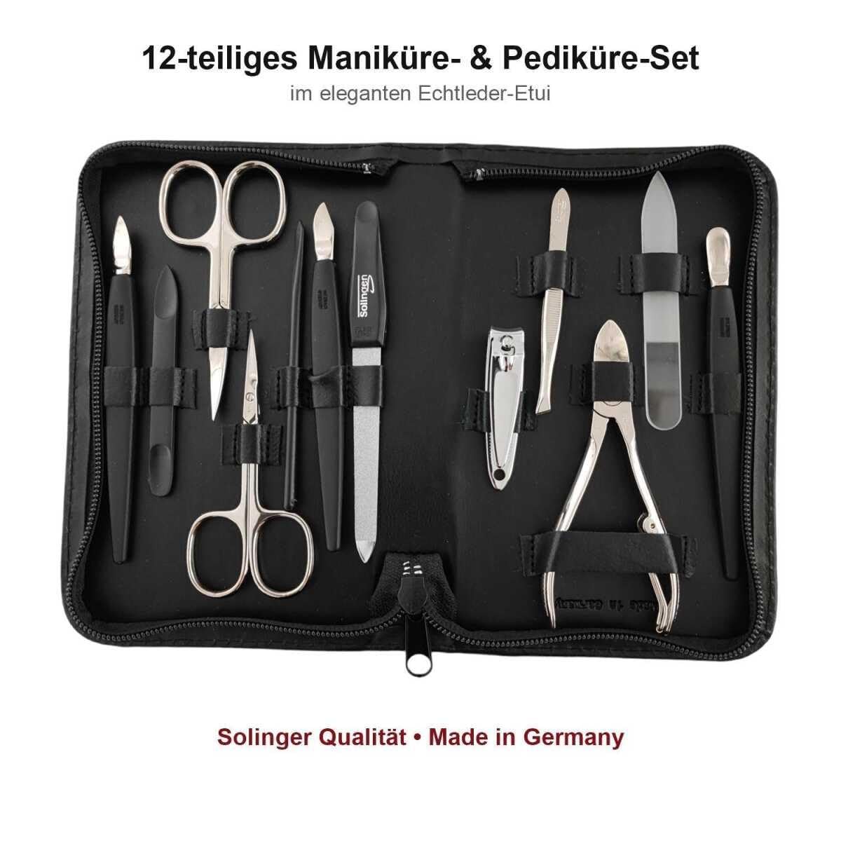 12teiliges Solingen* Maniküre Set mit Leder-Etui Nagelpflege Schwarz