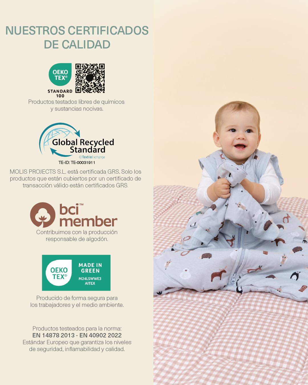 molis&co - Saco de Dormir para bebé 2.5 TOG con Mangas Desmontables - (0-6 Meses) - Ideal para Invierno - 100% algodón (Oeko-Tex 100) - Winter Animals